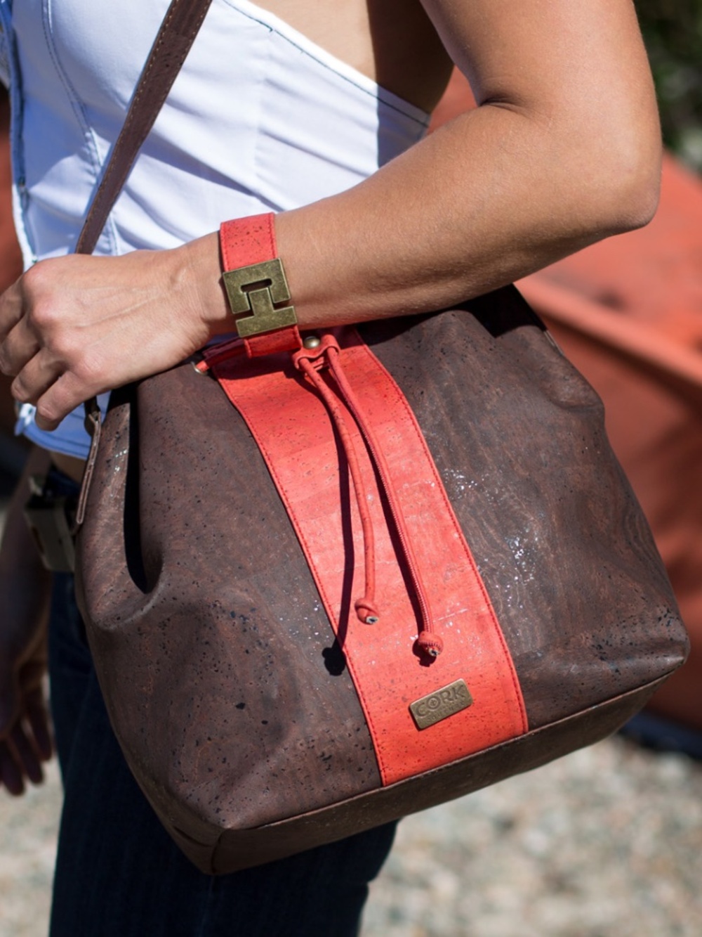 Cork Couture | Authentic Portuguese Cork Bucket Bag | Brown & Red | Vegan NWT